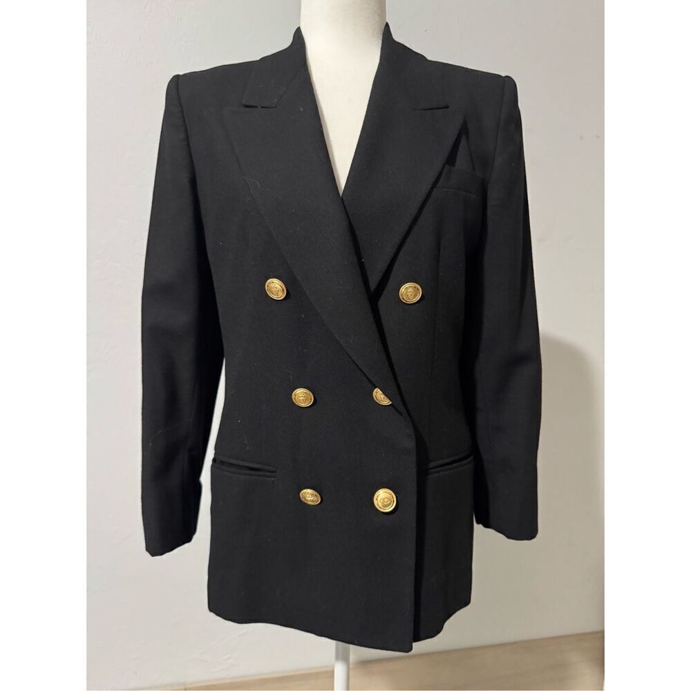 Talbots 100% Wool black double breasted vintage blazer gold accent buttons 8P